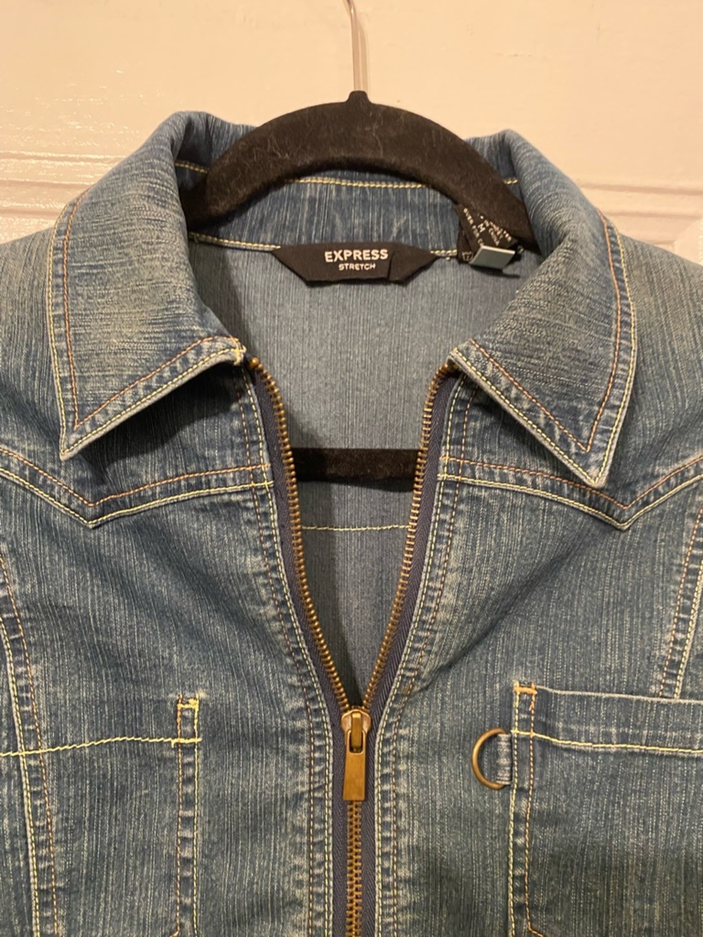 Express Light Blue Denim Zip-Up Jacket with Gold Hardware